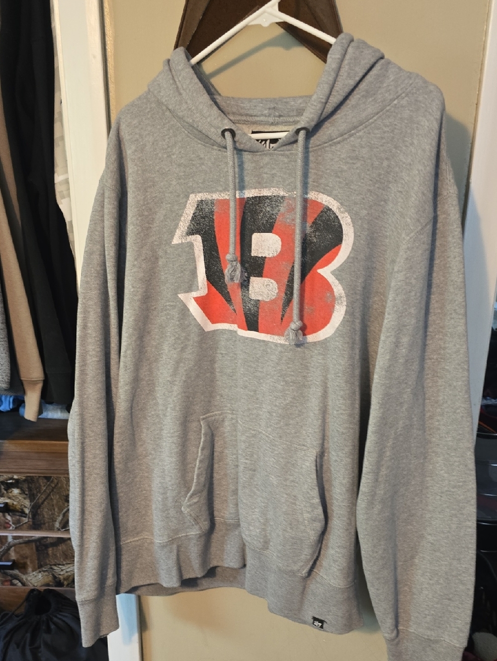 Gray Pullover Hoodie with Red & Black Graphic B Like Brand New